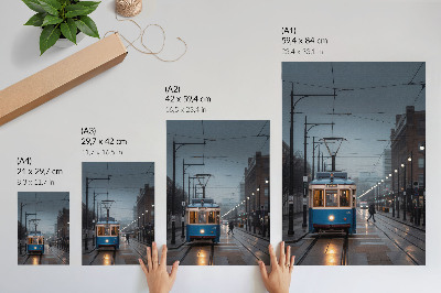 Eleganten plakat za dnevno sobo Modri ​​tramvaj deževen dan mestno življenje