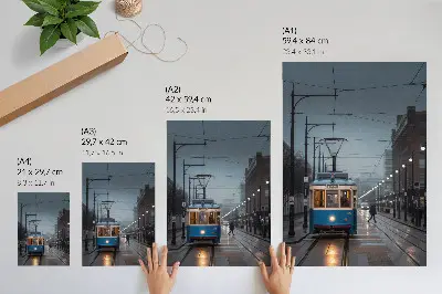 Eleganten plakat za dnevno sobo z motivom modrega tramvaja v mestu na deževen dan