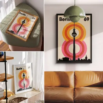 Plakat retro vzdušje s stolpom in pisanimi krogi