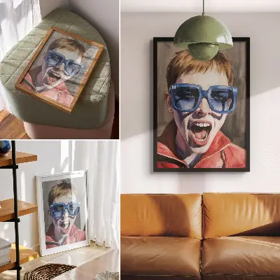 Premium stenski plakat portret osebe z očali v živih barvah, ki izraža čustva