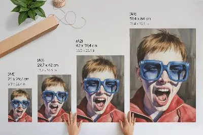 Premium stenski plakat portret osebe z očali v živih barvah, ki izraža čustva