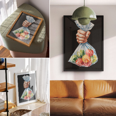 Eleganten plakat za dnevno sobo Roka s plastično vrečko, polno pisanega sadja
