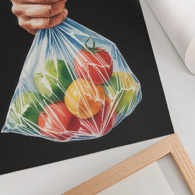 Eleganten plakat za dnevno sobo Roka s plastično vrečko, polno pisanega sadja
