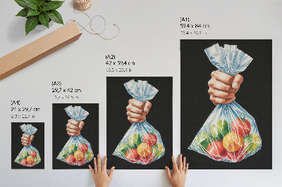 Eleganten plakat za dnevno sobo Roka s plastično vrečko, polno pisanega sadja