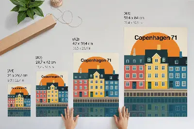 Plakat barvite hiše ob obali v minimalističnem slogu