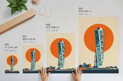 Umetniški tisk na platno oranžno sonce modernega nebotičnika z geometrijskimi oblikami