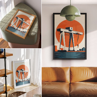Eleganten plakat za dnevno sobo Retro žerjav oranžen industrijski krog