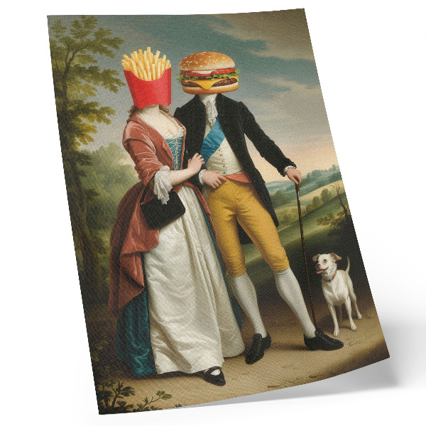 Premium stenski plakat Nadrealistični prizor humorja glave krompirčka hamburger