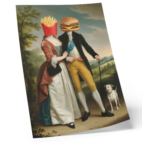 Premium stenski plakat nadrealistični prizor s humorno podobo krompirčka in hamburgerja