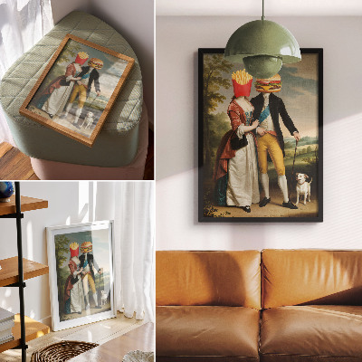 Premium stenski plakat Nadrealistični prizor humorja glave krompirčka hamburger