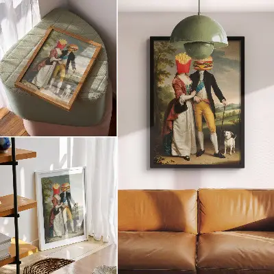 Premium stenski plakat nadrealistični prizor s humorno podobo krompirčka in hamburgerja