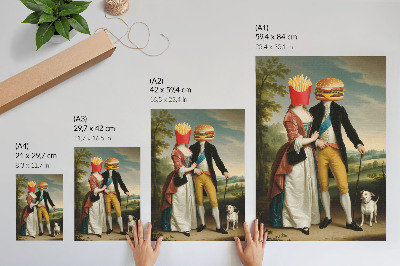 Premium stenski plakat Nadrealistični prizor humorja glave krompirčka hamburger