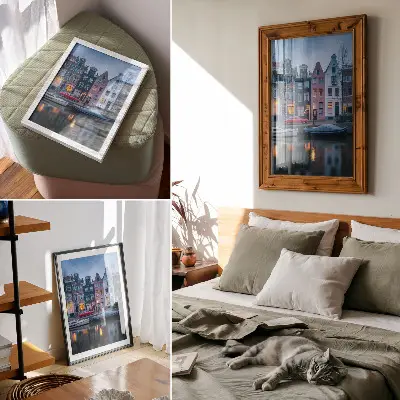 Premium stenski plakat barvite stanovanjske hiše z večernim vzdušjem in odsevom v vodi