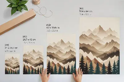 Premium stenski plakat gore in drevesa v harmoniji narave v mirnih odtenkih