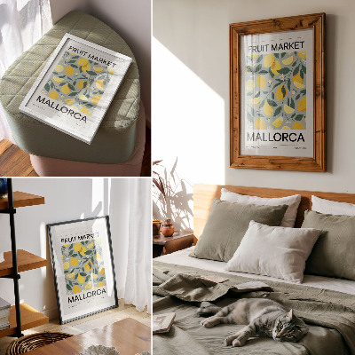 Eleganten plakat za dnevno sobo Limonino zeleni listi modro ozadje brez pik