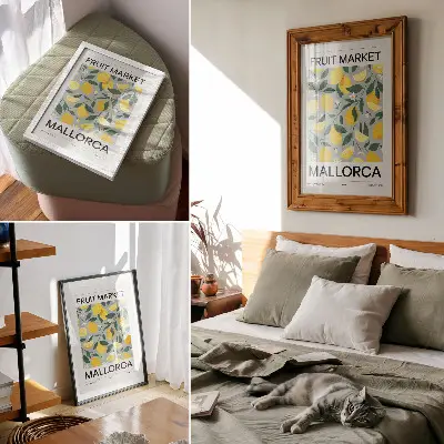 Eleganten plakat za dnevno sobo z motivom limonino zelenih listov na modrem ozadju brez pik