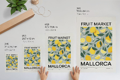 Eleganten plakat za dnevno sobo Limonino zeleni listi modro ozadje brez pik