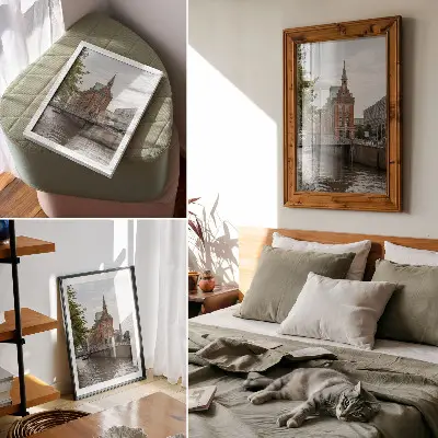 Premium stenski plakat zgodovinska stavba z opečno fasado, rečnim mostom in stolpom