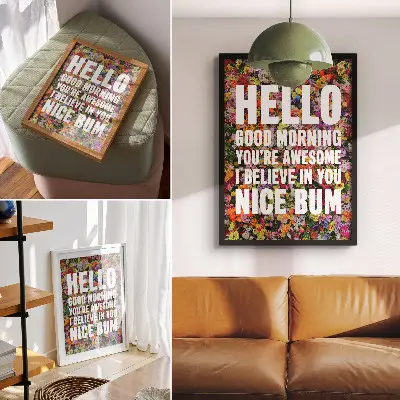 Plakat za dnevno sobo barvite rože z belim napisom in moderno tipografijo