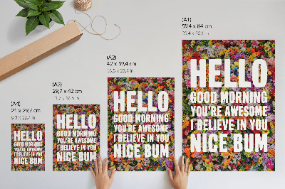 Eleganten plakat za dnevno sobo Barvite rože z belim besedilom, moderna tipografija