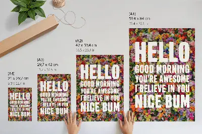 Plakat za dnevno sobo barvite rože z belim napisom in moderno tipografijo