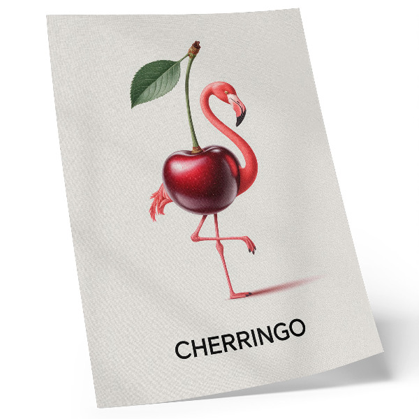 Umetniški tisk na platno Roza in rdeč flamingo s češnjo - fantazijska kompozicija