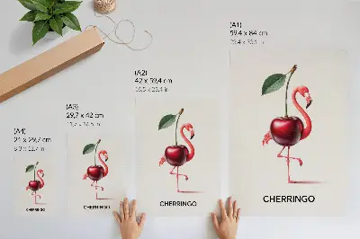 Umetniški tisk na platno fantazijska kompozicija z roza in rdečim flamingom ter češnjo