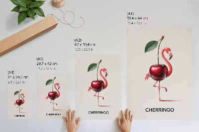 Umetniški tisk na platno Roza in rdeč flamingo s češnjo - fantazijska kompozicija