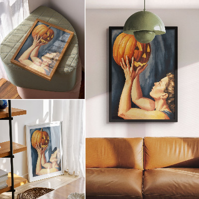 Eleganten plakat za dnevno sobo Oranžna buča temno modro ozadje nadrealizem