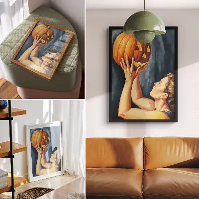 Eleganten plakat za dnevno sobo z motivom oranžne buče na temno modrem ozadju v nadrealističnem slogu