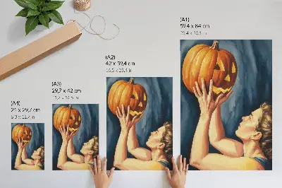 Eleganten plakat za dnevno sobo z motivom oranžne buče na temno modrem ozadju v nadrealističnem slogu