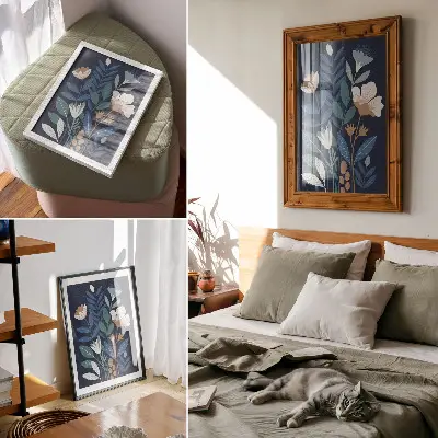 Plakat modri listi s kremnimi cvetovi in rjavimi poudarki