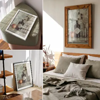 Premium stenski plakat s steklenico s cvetličnim vzorcem v ozadju