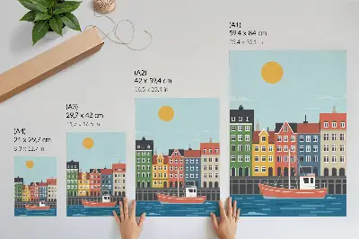 Plakat za dnevno sobo barvite stanovanjske hiše in čoln na vodi v svetlem dnevu