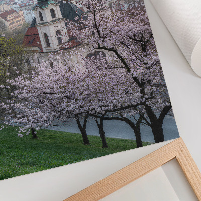 Plakat Mesto spomladi je polno cvetočih dreves in cerkvenih zvonikov
