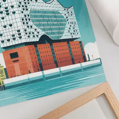 Premium stenski plakat z motivom moderne arhitekture v modri barvi in oblakih