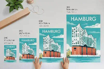 Premium stenski plakat z motivom moderne arhitekture v modri barvi in oblakih