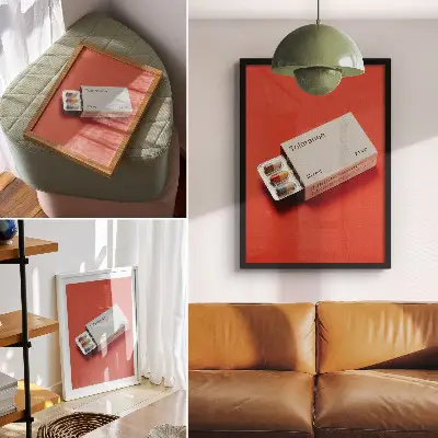 Eleganten plakat za dnevno sobo minimalistična upodobitev embalaže kapsul z barvitim ozadjem
