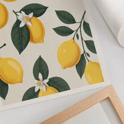 Umetniški tisk na platno motiv sočnih limon z zelenimi listi na kremastem ozadju