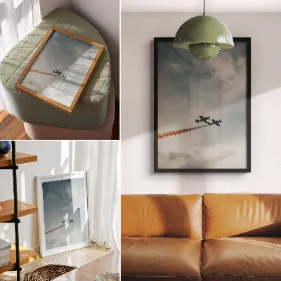 Eleganten plakat za dnevno sobo minimalističen prikaz dveh letal na nebu