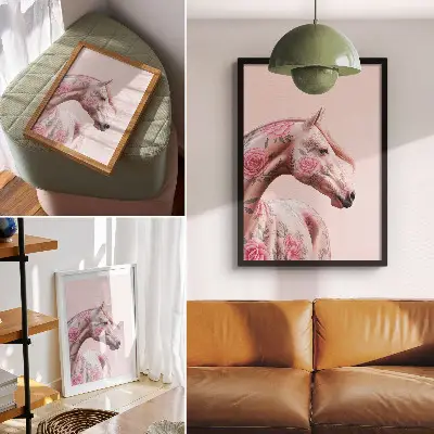 Plakat Konj s cvetjem romantična eleganca za dnevno sobo