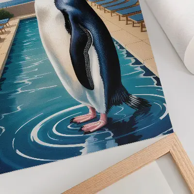 Eleganten plakat za dnevno sobo z motivom pingvina v bazenu s palmami ob morju