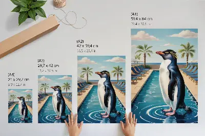 Eleganten plakat za dnevno sobo z motivom pingvina v bazenu s palmami ob morju