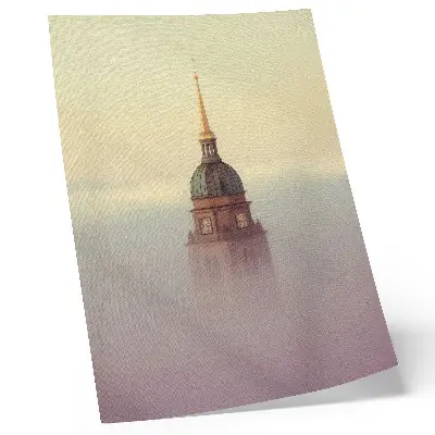 Plakat stolp v megli v nežnih barvah z mirno kompozicijo