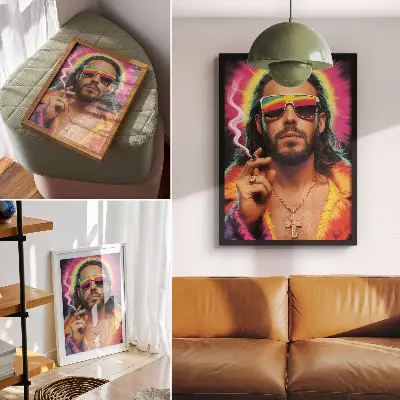Premium stenski plakat z intenzivnimi barvami in kontrastnimi retro vzorci