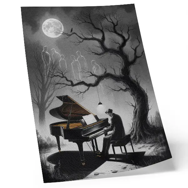 Eleganten plakat za dnevno sobo z motivom lune, klavirja in duhov v umirjenih barvah