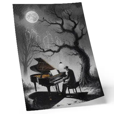 Eleganten plakat za dnevno sobo z motivom lune, klavirja in duhov v umirjenih barvah