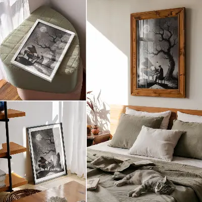 Eleganten plakat za dnevno sobo z motivom lune, klavirja in duhov v umirjenih barvah