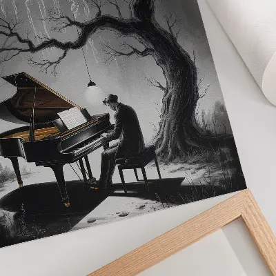 Eleganten plakat za dnevno sobo z motivom lune, klavirja in duhov v umirjenih barvah