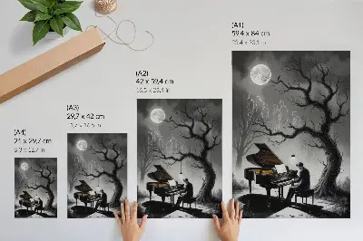Eleganten plakat za dnevno sobo z motivom lune, klavirja in duhov v umirjenih barvah